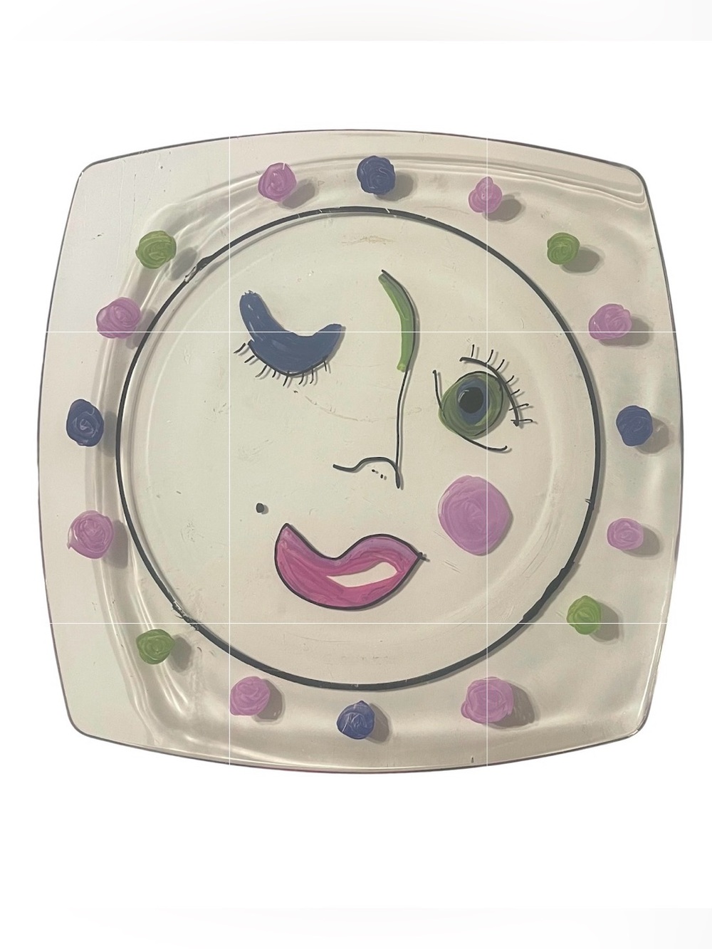 “12” Hand-Painted Transparent Glass Face Plate – One-of-a-Kind Whimsy Art Decor
